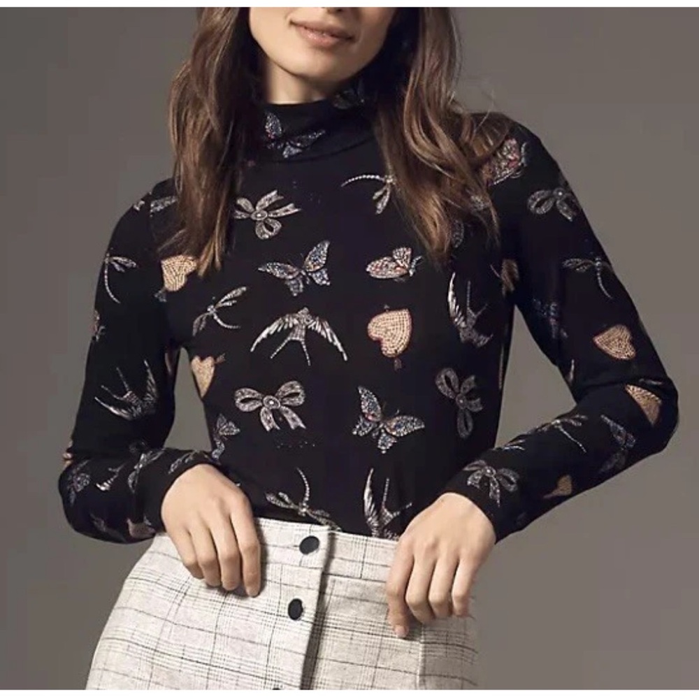 Anthropologie Maeve The Hailey Printed Long-Sleeve Turtleneck Top NWT Size Small